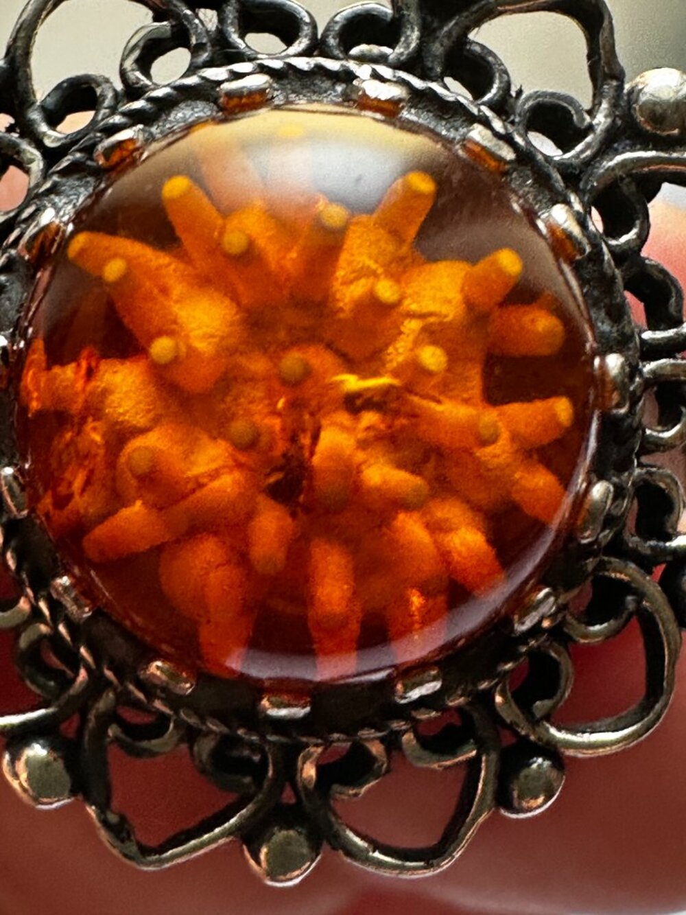 Vintage Silver Amber Flower Cabochon Filigree Statement Ring Size 5